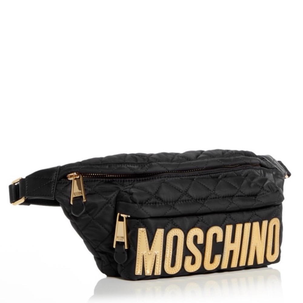 MOSCHINO Quilted Bum Bag Waist Bag Fanny Pack Black Large Gold Logo + Bag Charm - Picture 3 of 14